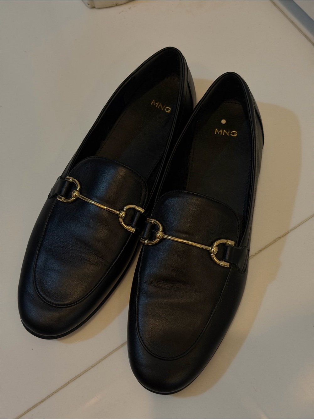 Mango Black Leather Loafers with Gold Horsebit Detail